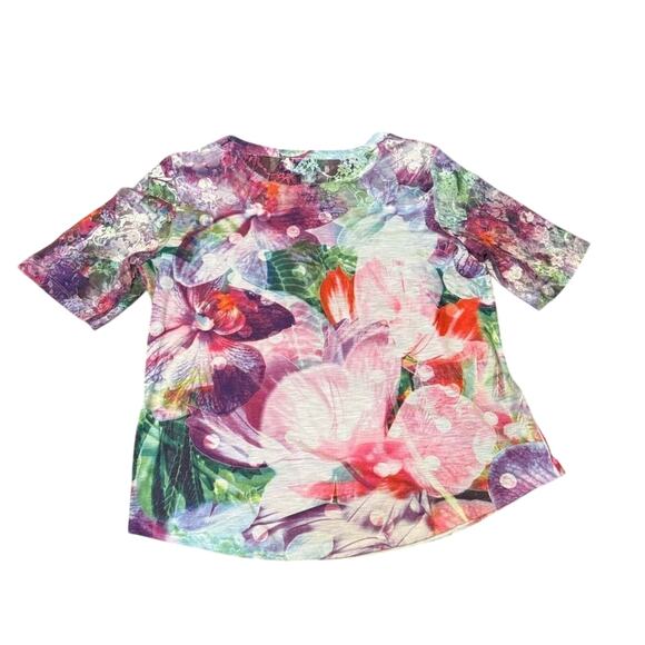 Christopher & Banks Women's Medium Petite Floral Top Lace Sleeve Fitted Shirt - Picture 4 of 4